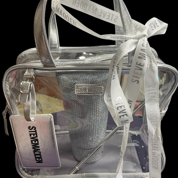 Steve Madden NWT Metallic Silver Clear Tote & Sparkling Tumbler - Picture 1 of 3